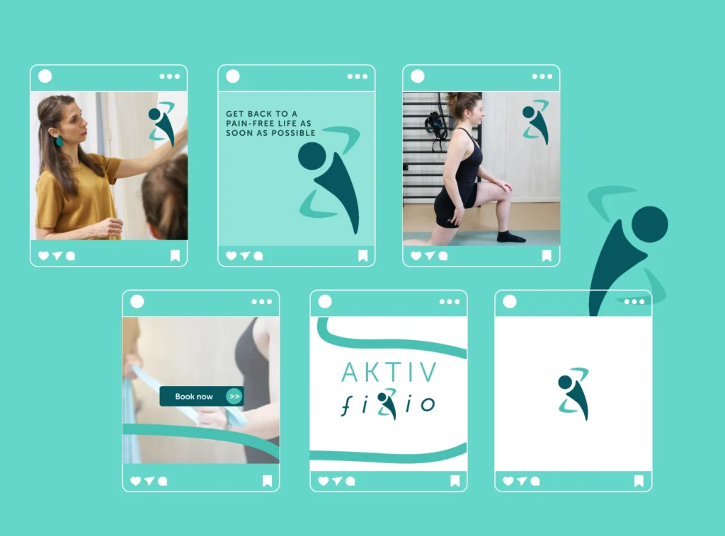 professional social media brand guide layout for Aktiv Fizio, showing typography, color palettes, and template structures.