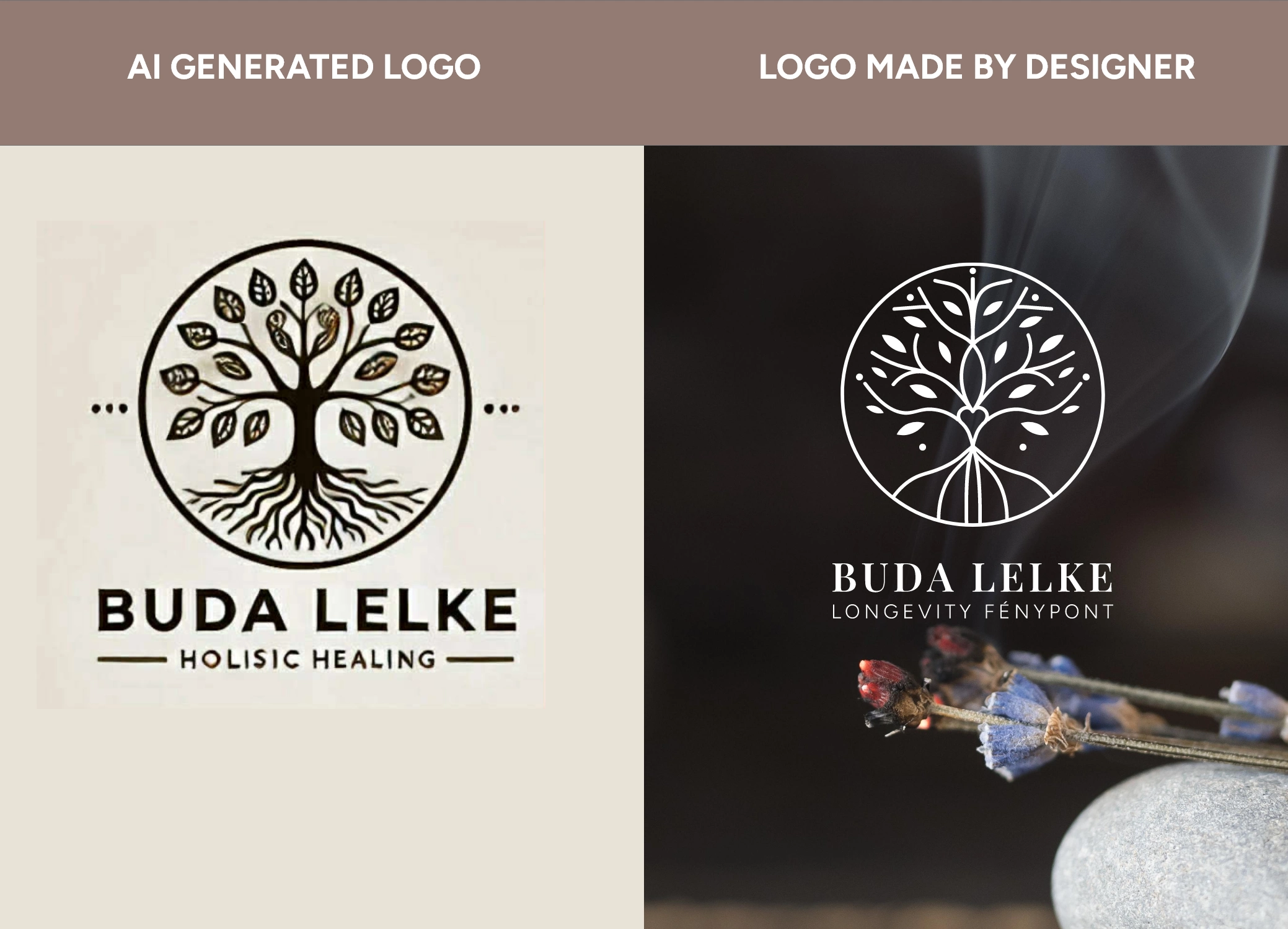 Comparison of a smudgy AI-generated logo vs. a crisp professional vector brand system.