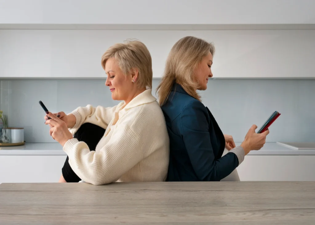 Two middle-aged female entrepreneurs in a modern kitchen reviewing a digital strategic narrative on a mobile phone.