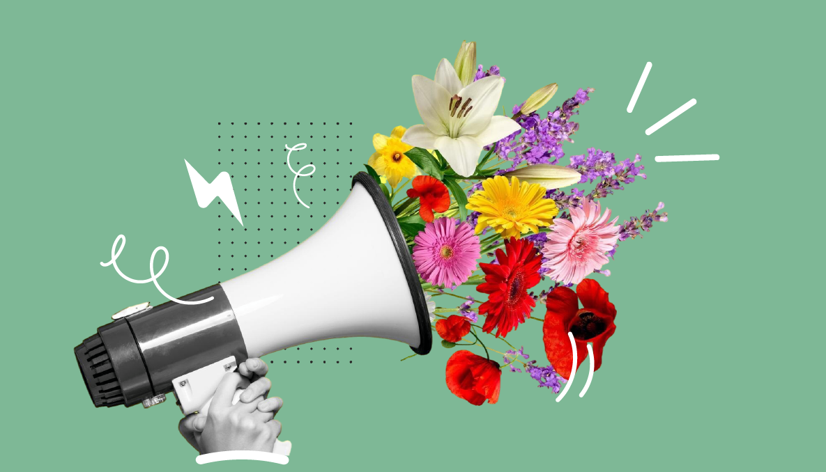 Aesthetic collage of a woman's hand holding a megaphone with blooming flowers, representing a brand's voice amplified through a Strategic Narrative.
