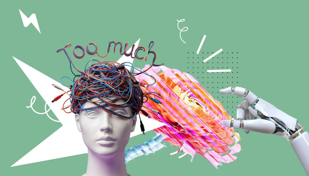 Conceptual collage of a doll head with tangled wires and 'too much' text, symbolizing digital overwhelm and the technical burden on small business owners.