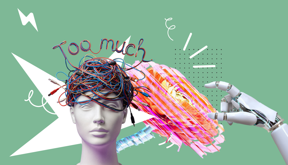 Conceptual collage of a doll head with tangled wires and 'too much' text, symbolizing digital overwhelm and the technical burden on small business owners.